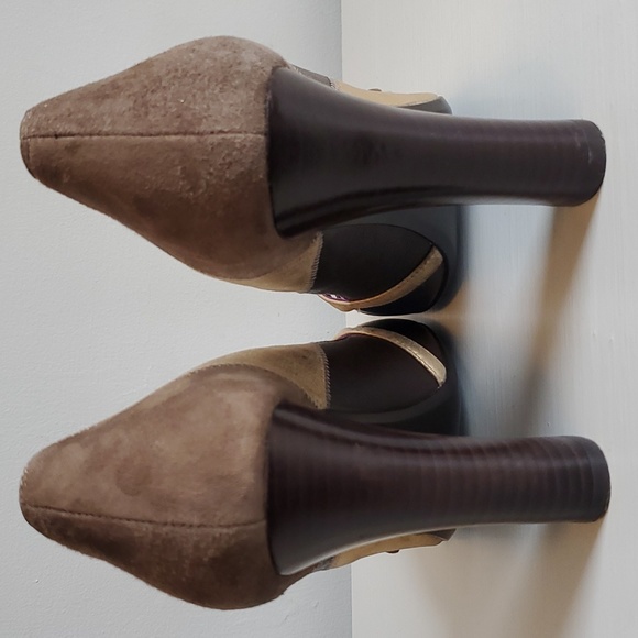 Jessica Bennett Gold Brown Patchwork Heels Front Accent Button Strap, 9M - Picture 3 of 6